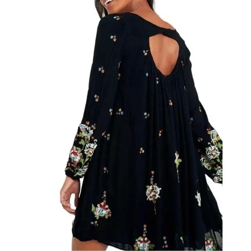 Free People Black Long Sleeve Embroidered Mini Dress